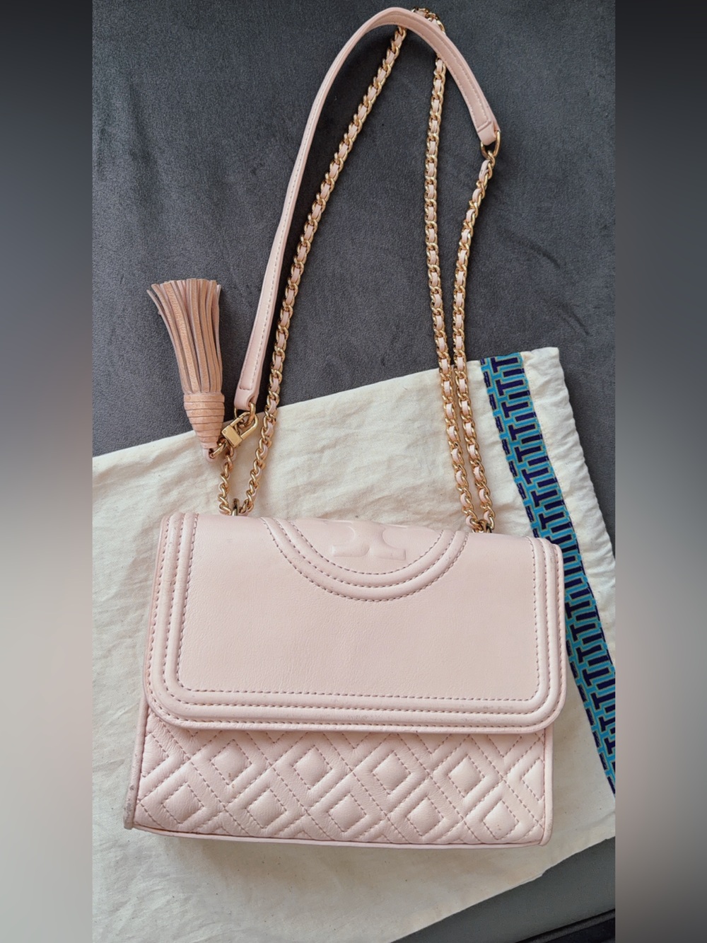 Soft Pink Quilted Leather Shoulder Bag with Tassel -Tory Burch